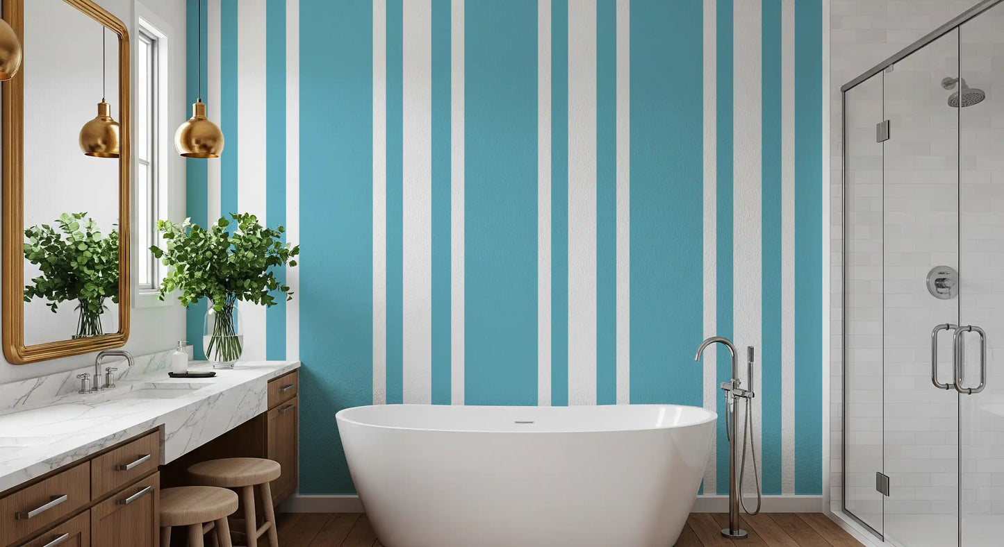 Blue geometric wallpaper with narrow white stripes and balanced spacing