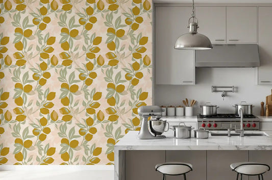 Kitchen wallpaper with Lemon Amalfi fruit and soft sage foliage