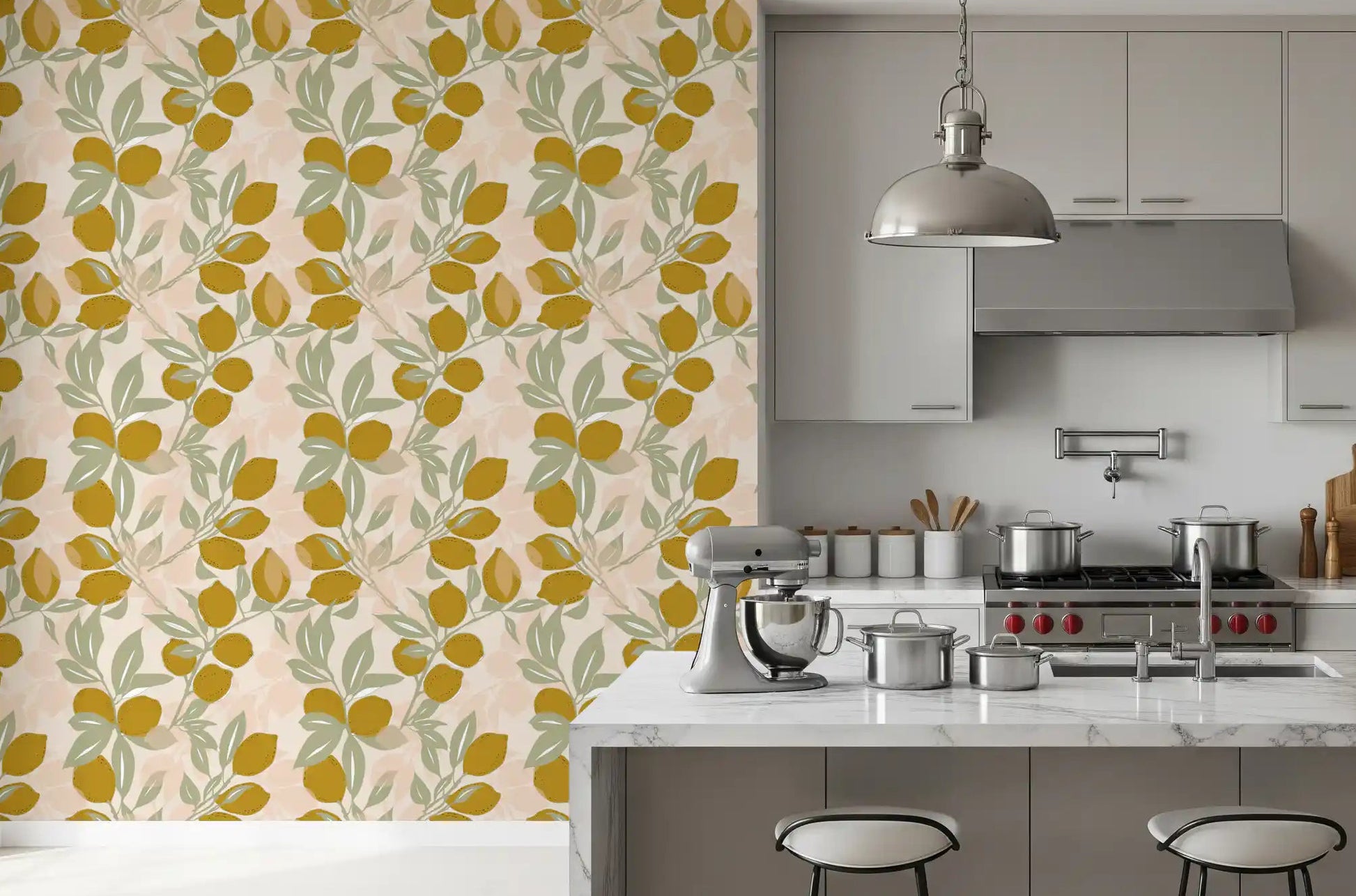Kitchen wallpaper with Lemon Amalfi fruit and soft sage foliage