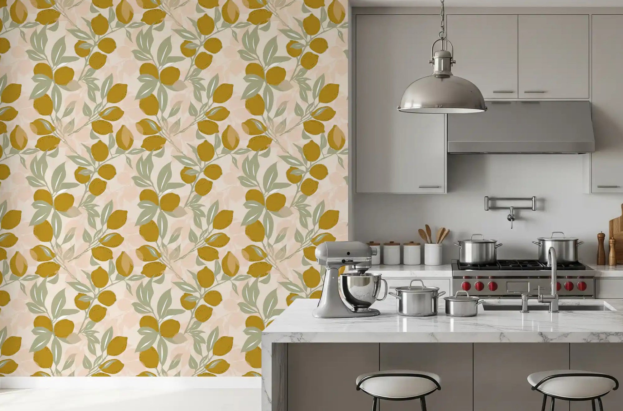 Kitchen wallpaper with Lemon Amalfi fruit and soft sage foliage