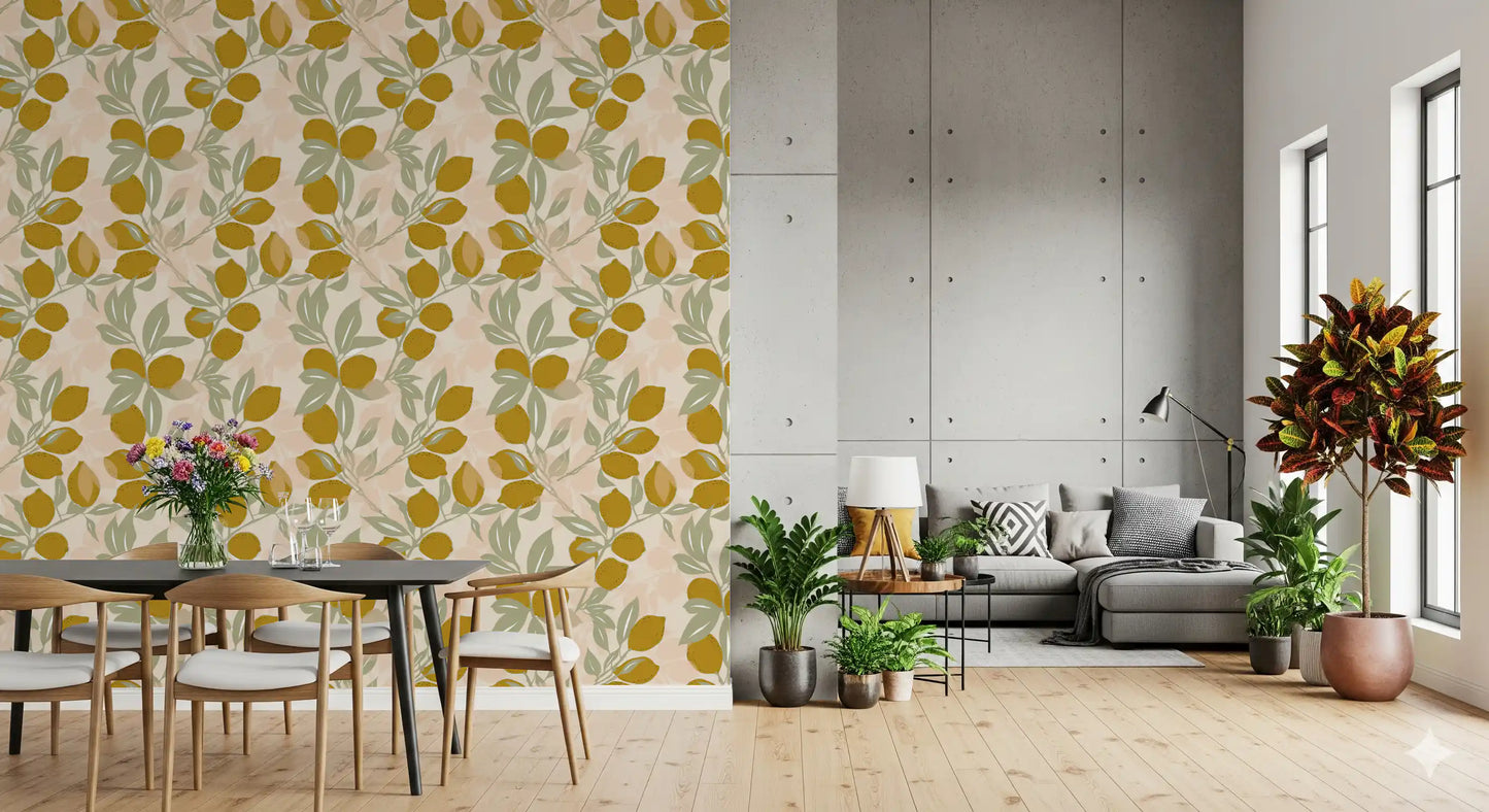 Golden citrus forms sit across Lemon Wallpaper with muted green leaves