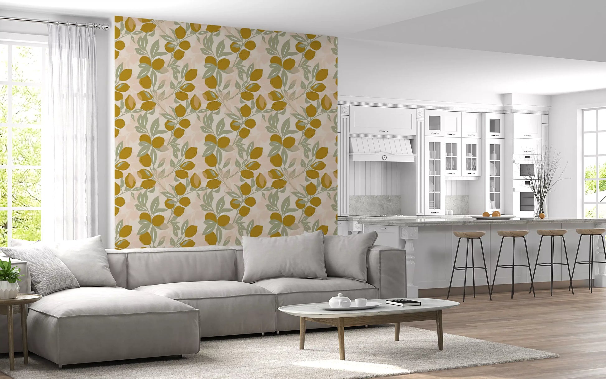 Botanical Kitchen Wallpaper showing lemons, foliage, and airy spacing