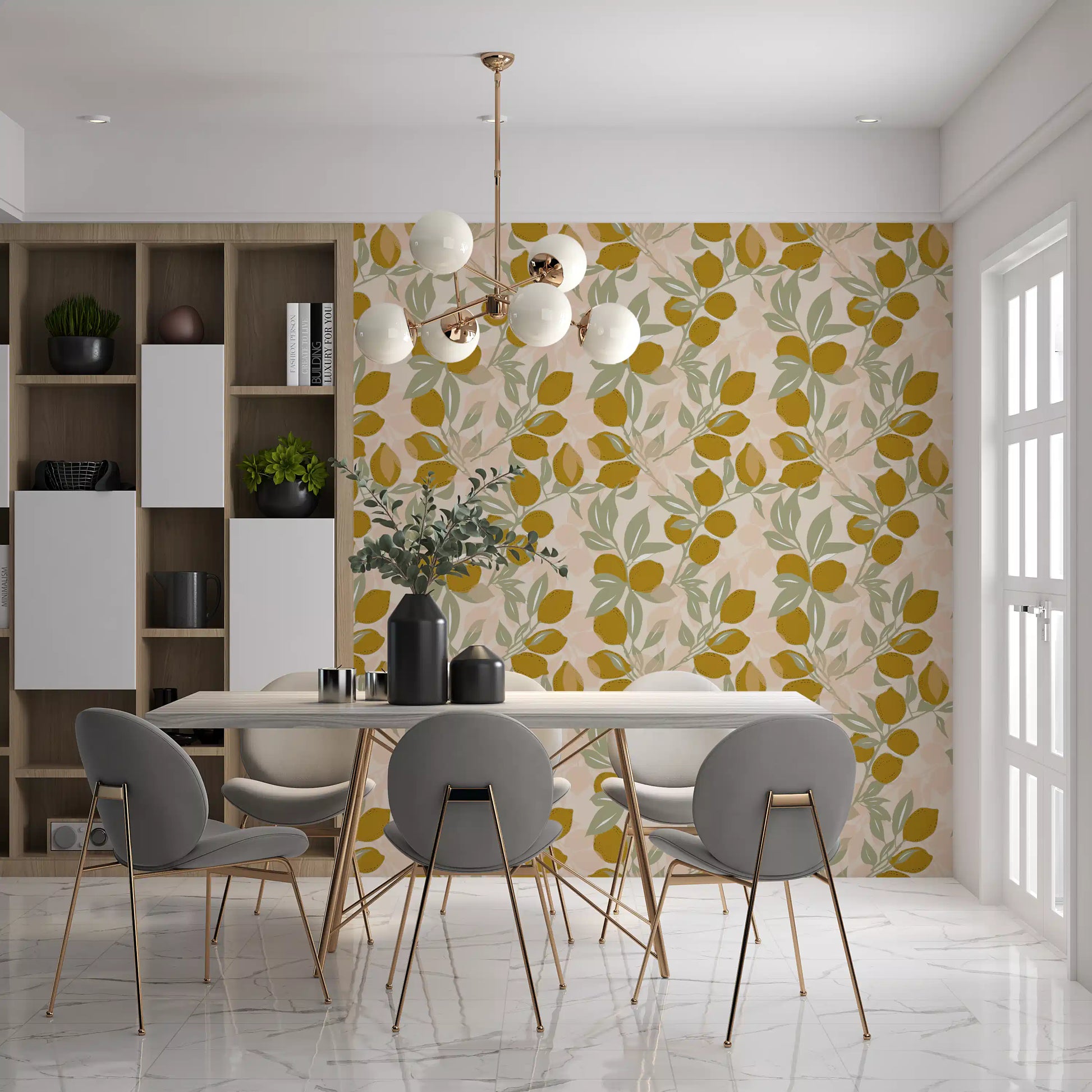 Cafe wallpaper with Mediterranean Amalfi pattern and lemon detail