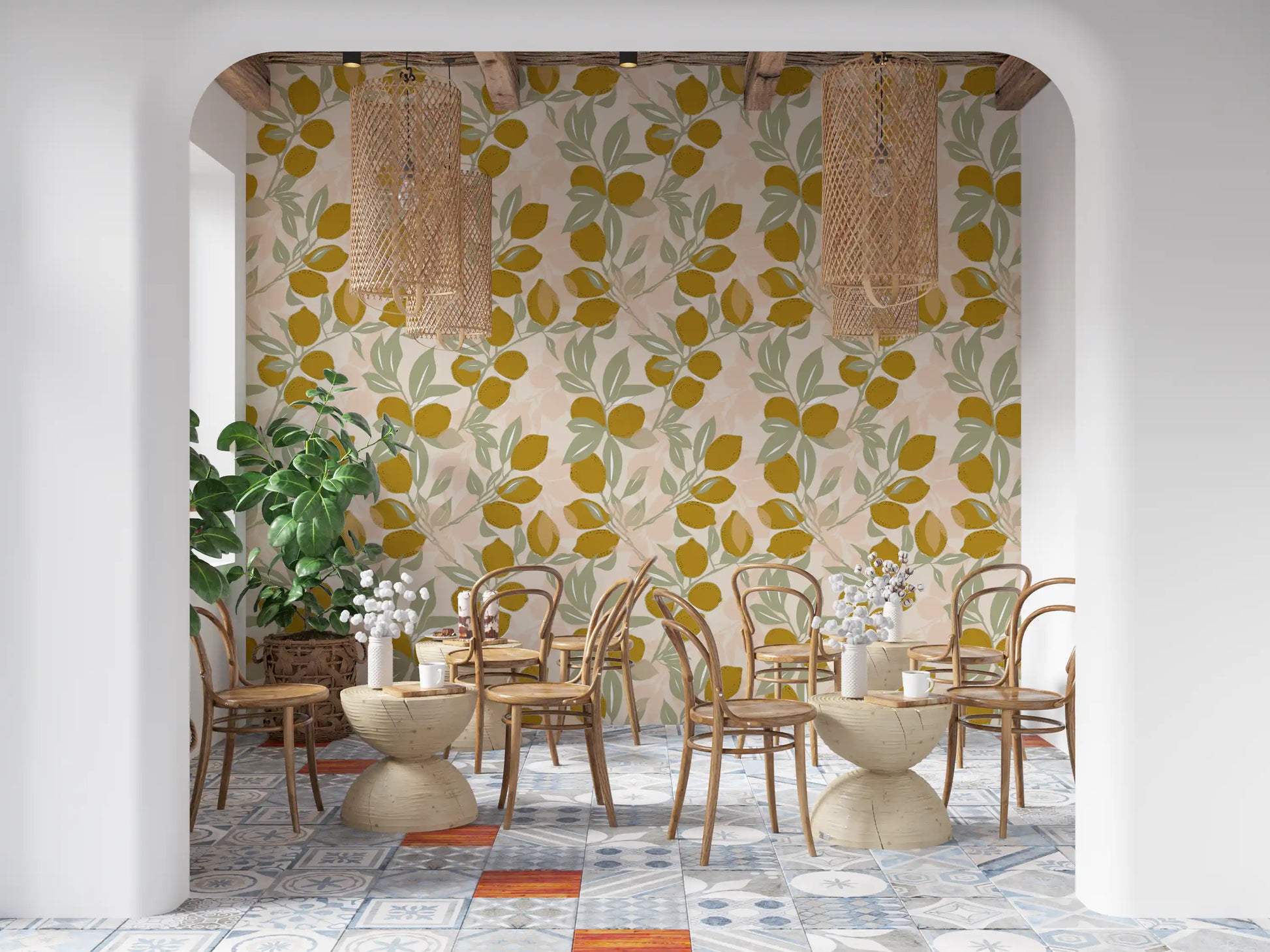 Mediterranean Citrus Wallpaper with golden fruit and pale cream backing