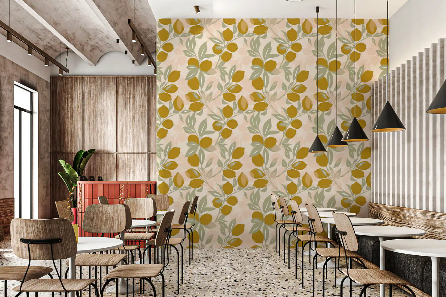 Cafe area wallpaper styled with Amalfi Kitchen citrus and leafy branches