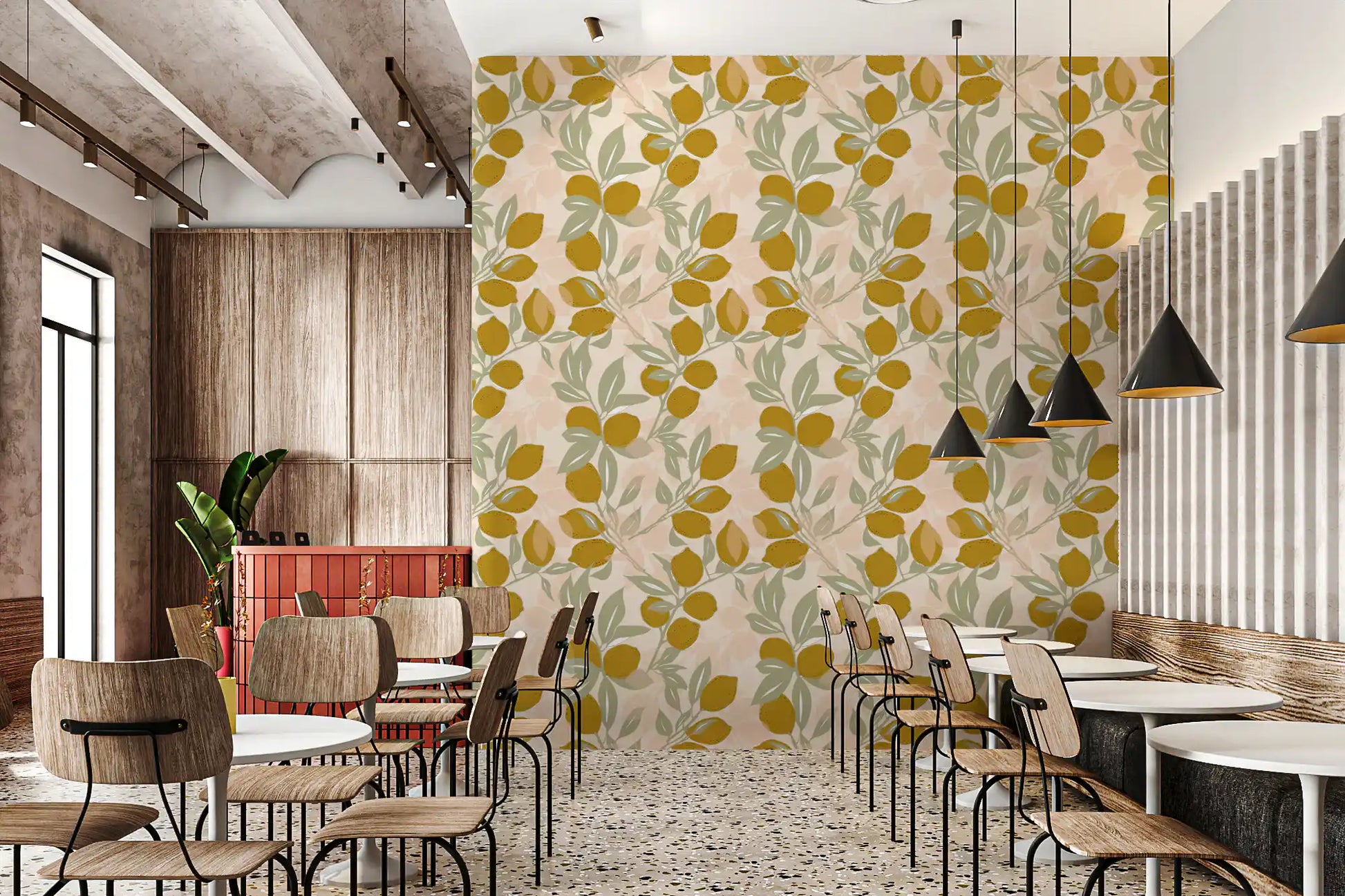 Cafe area wallpaper styled with Amalfi Kitchen citrus and leafy branches