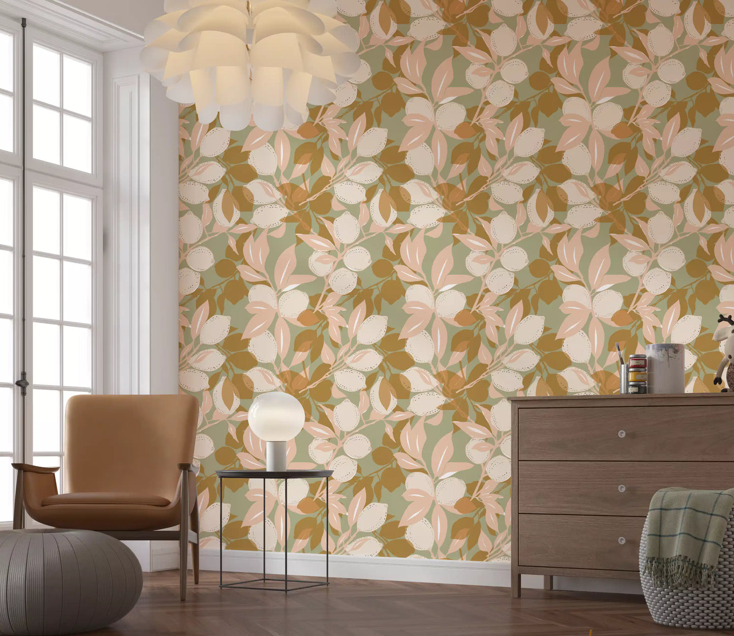 Leafy citrus wallpaper showing sage colour and soft fruit illustration