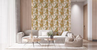 Hallway wallpaper showing pale lemon shapes on sage botanical print