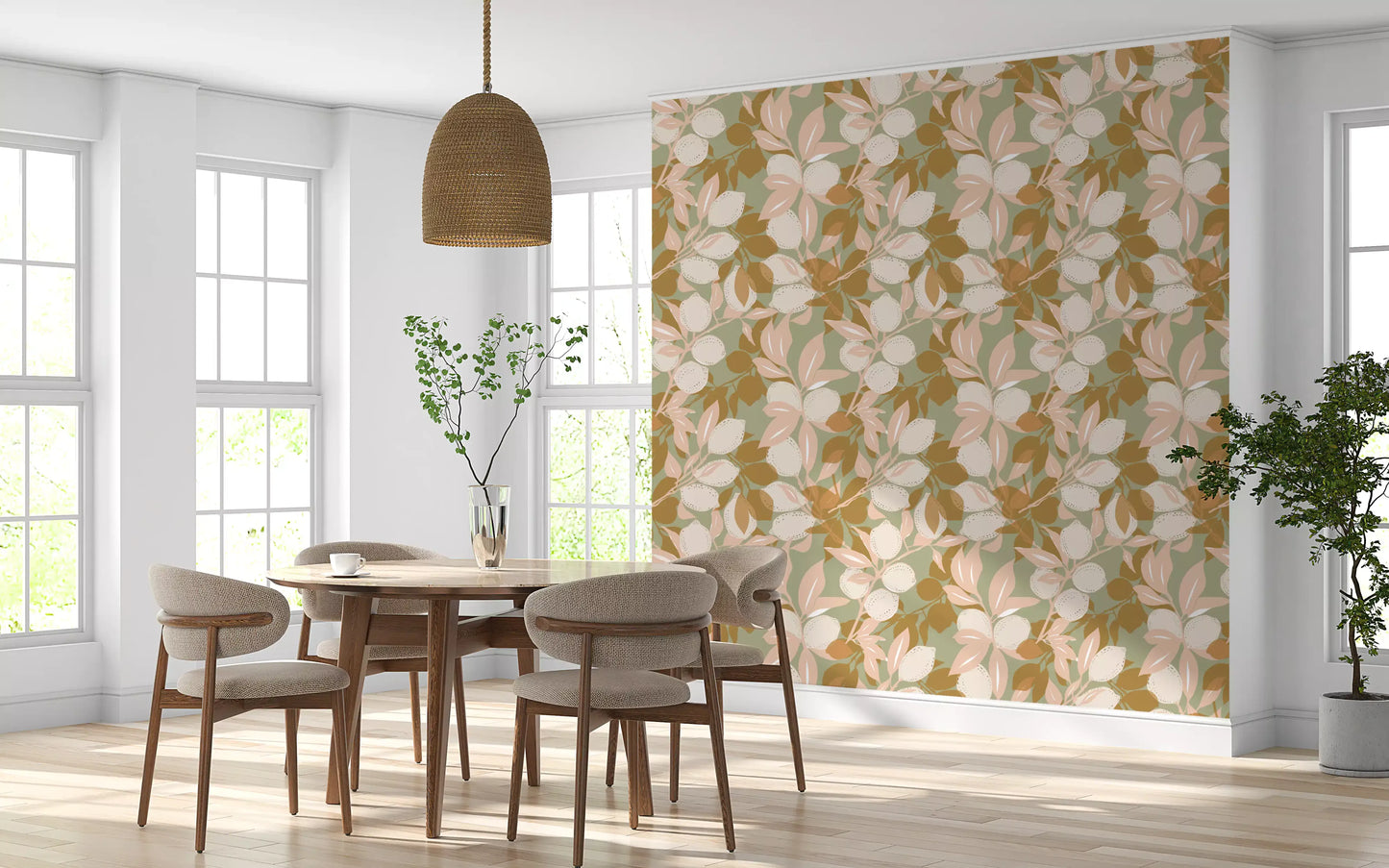 Mediterranean wallpaper pattern with lemons, branches, and calm green tones