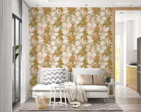 Home wallpaper with Sage Lemon pattern and peach leaf detail