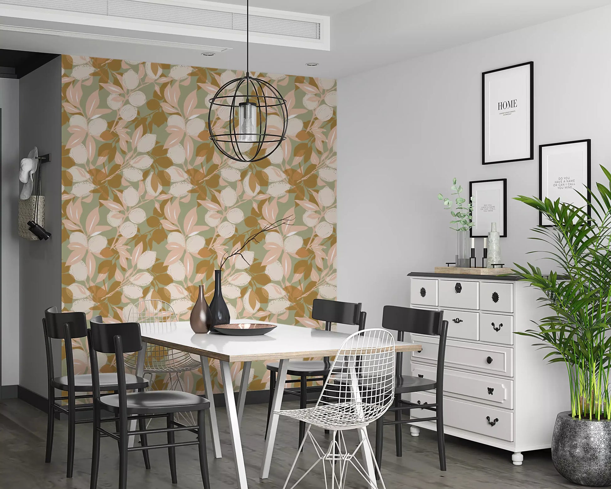 Pale citrus forms sit across Sage Lemon Wallpaper with leafy movement