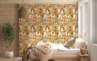 Sage fruit wallpaper layered with branches over earthy terracotta tones