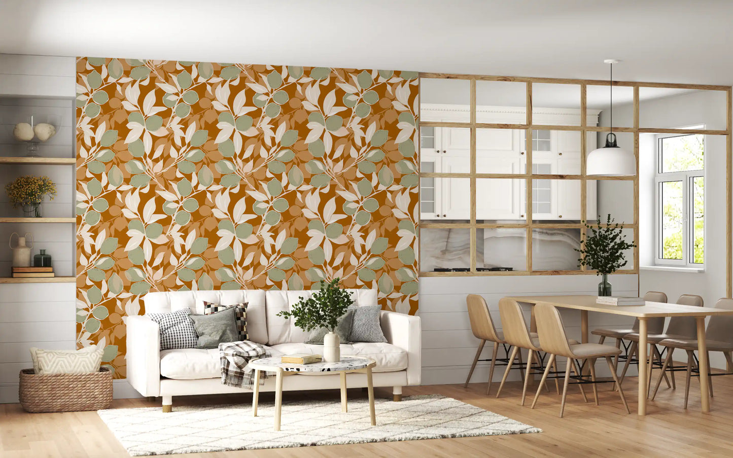 Dining area wallpaper showing Terracotta Lemon motifs with sage fruit shapes