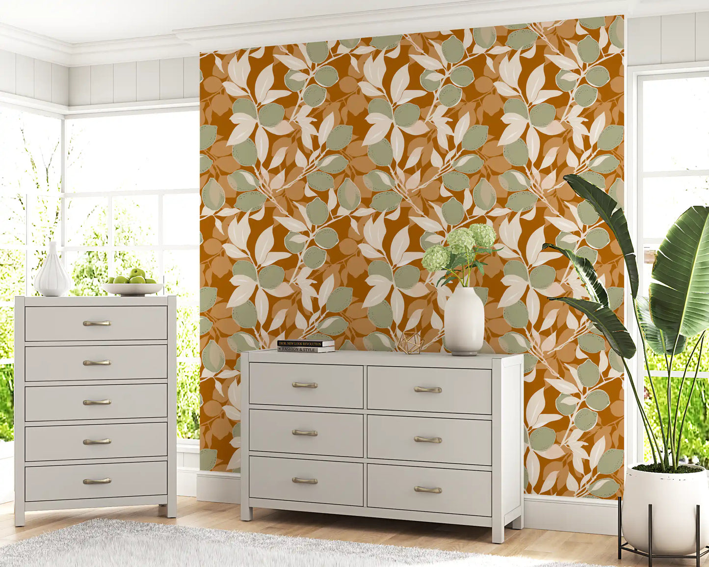 Terracotta kitchen wallpaper with illustrated citrus and pale leaf forms