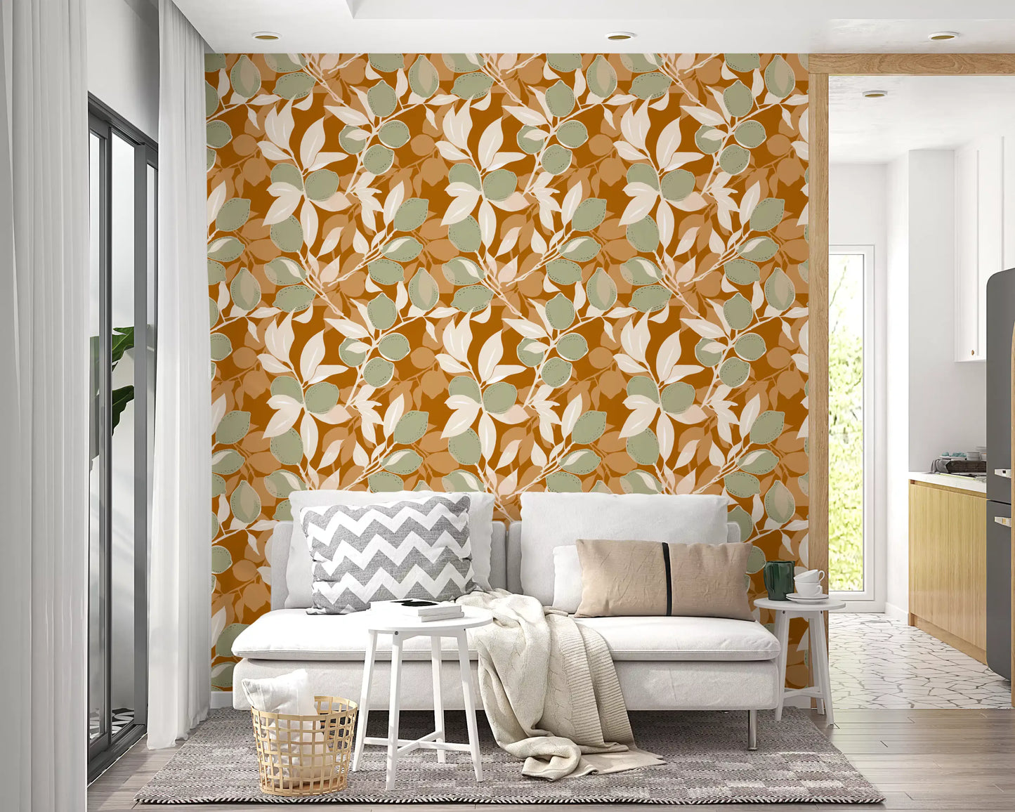 Pantry wallpaper featuring Sage Lemon artwork and cream botanical leaves