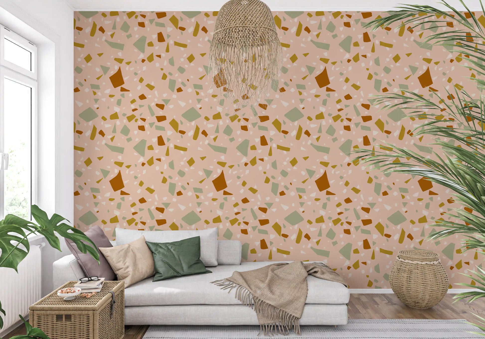 Organic abstract wallpaper carrying sage geometric fragments and texture
