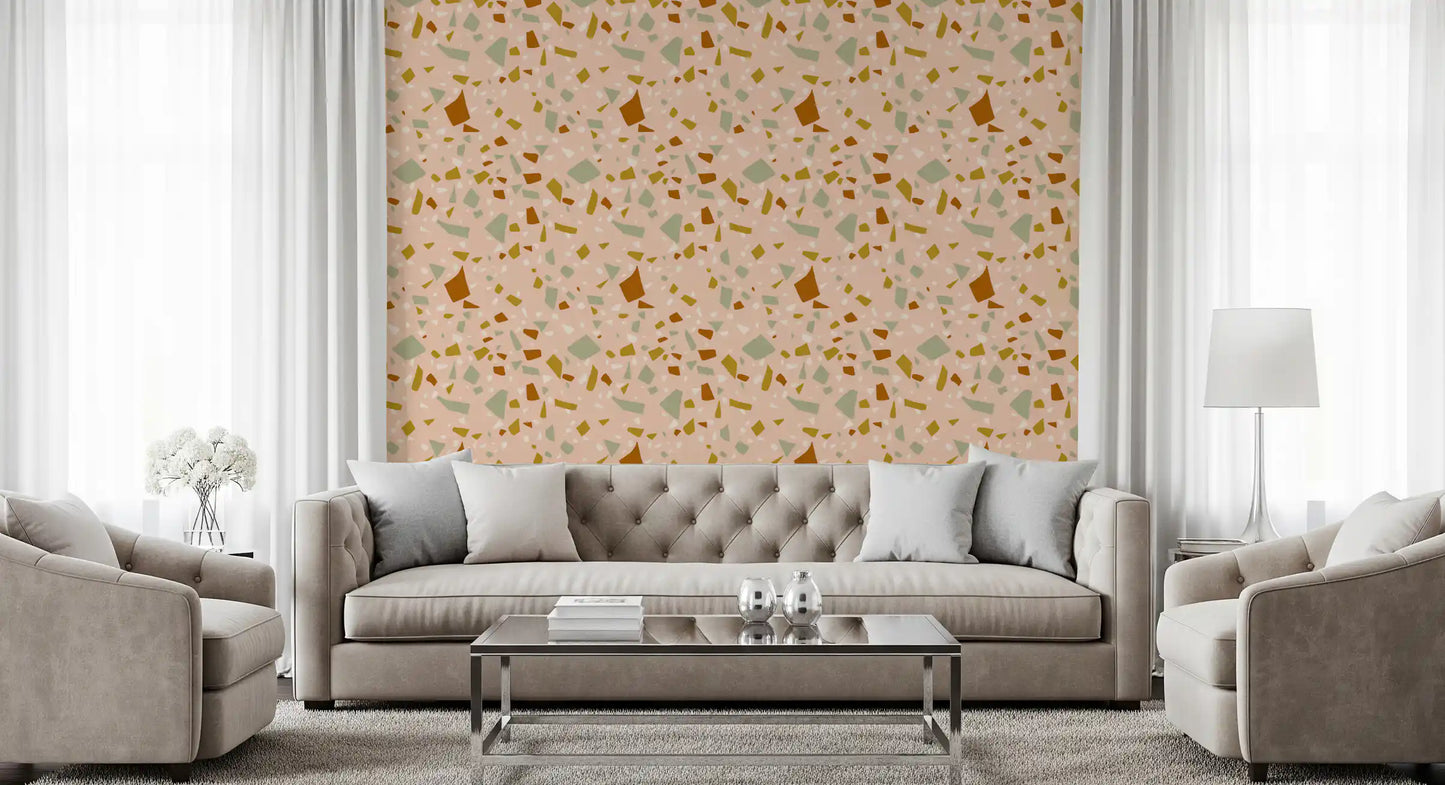 Abstract fragment wallpaper featuring peach tones and soft sage detailing