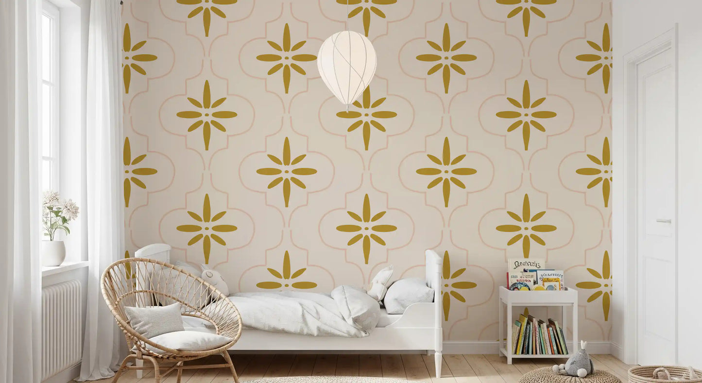 Bedroom setting uses Mediterranean wallpaper with sand-gold pattern