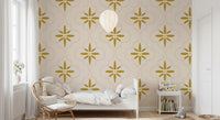 Bedroom setting uses Mediterranean wallpaper with sand-gold pattern