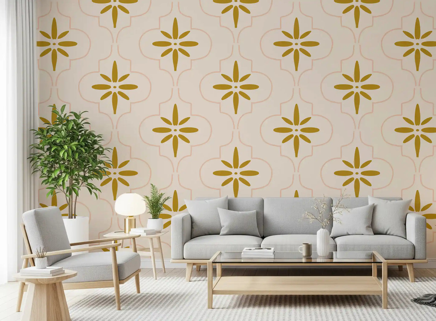 Soft neutral backing supports Gold Sand wallpaper with rounded pattern
