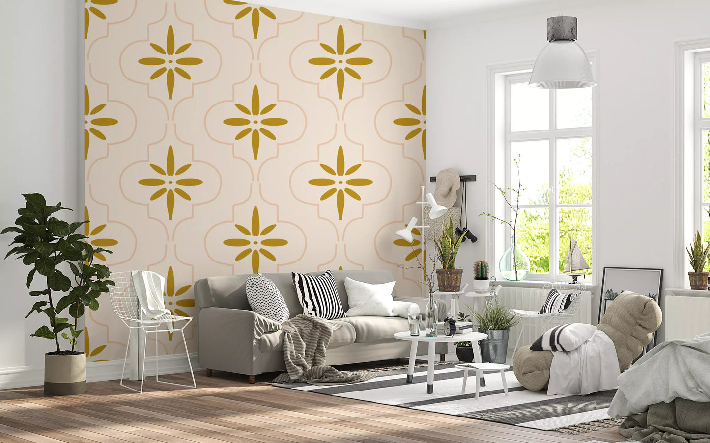 Floral-style center marks add detail to sand geometric wallpaper design