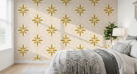 Bedroom design features Sand Tile wallpaper and pale line artwork