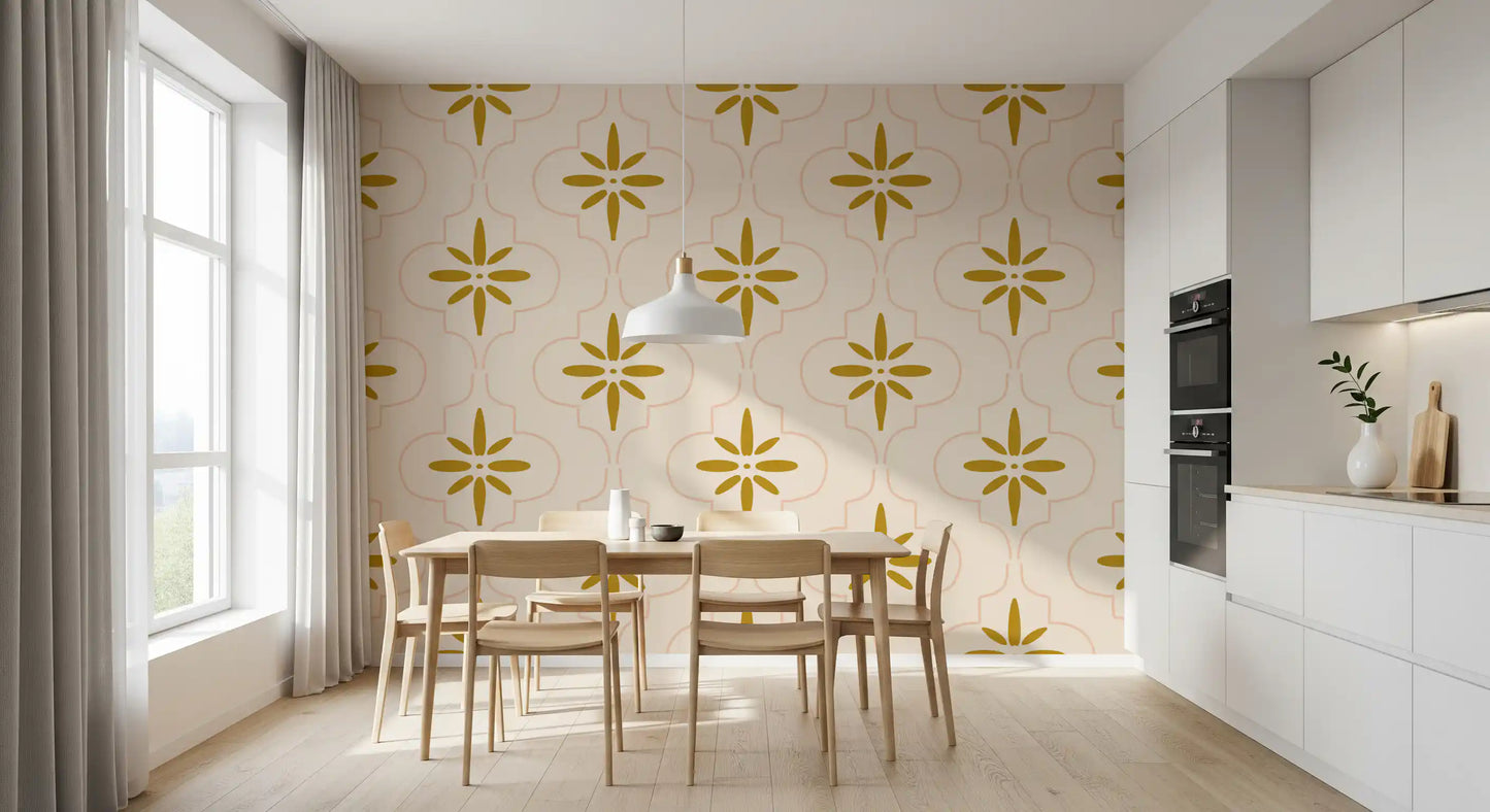 Curved beige lines frame gold geometric wallpaper with tiled symmetry