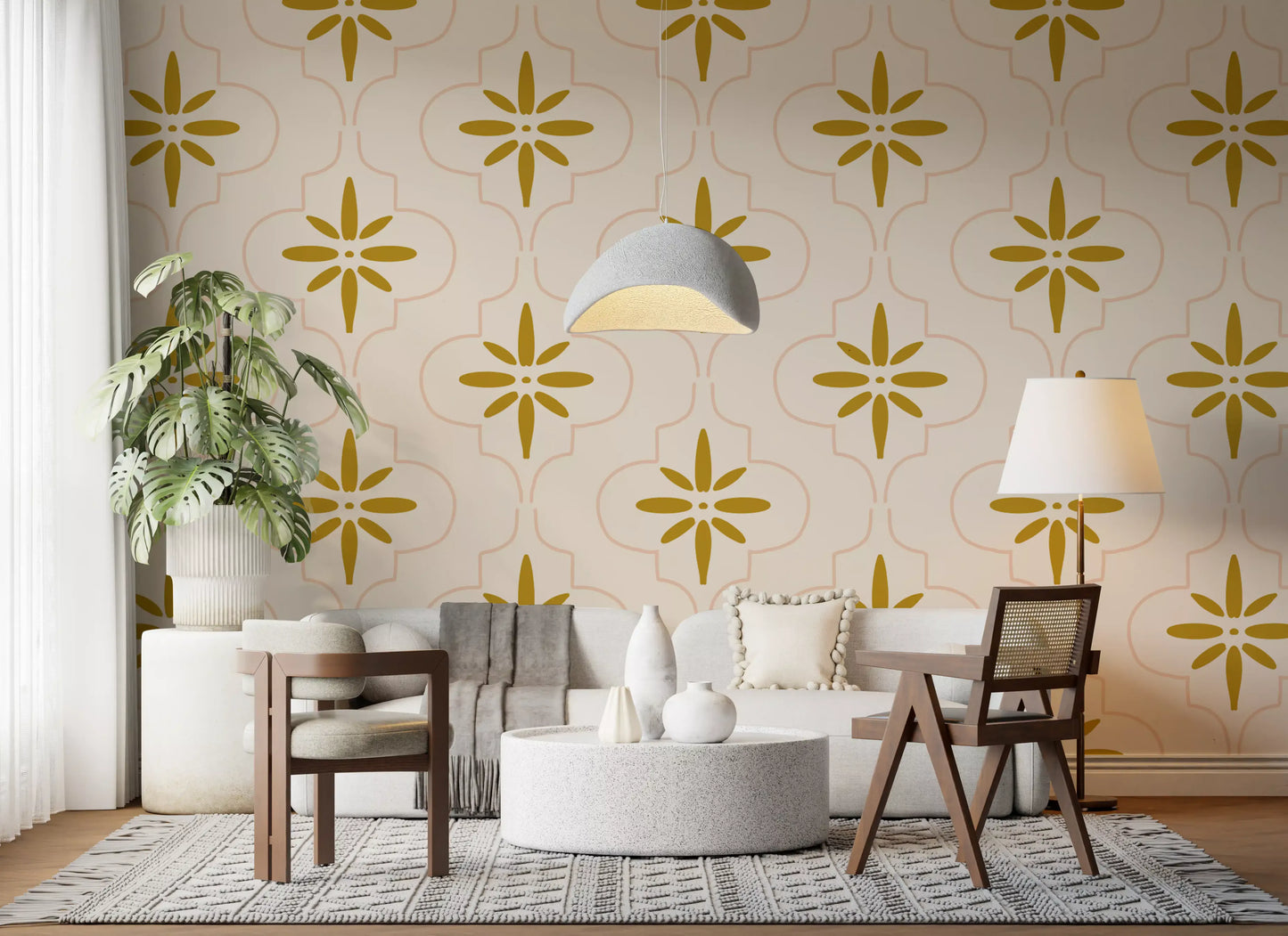 Hallway surface shows Tile Wallpaper curves with warm golden accents