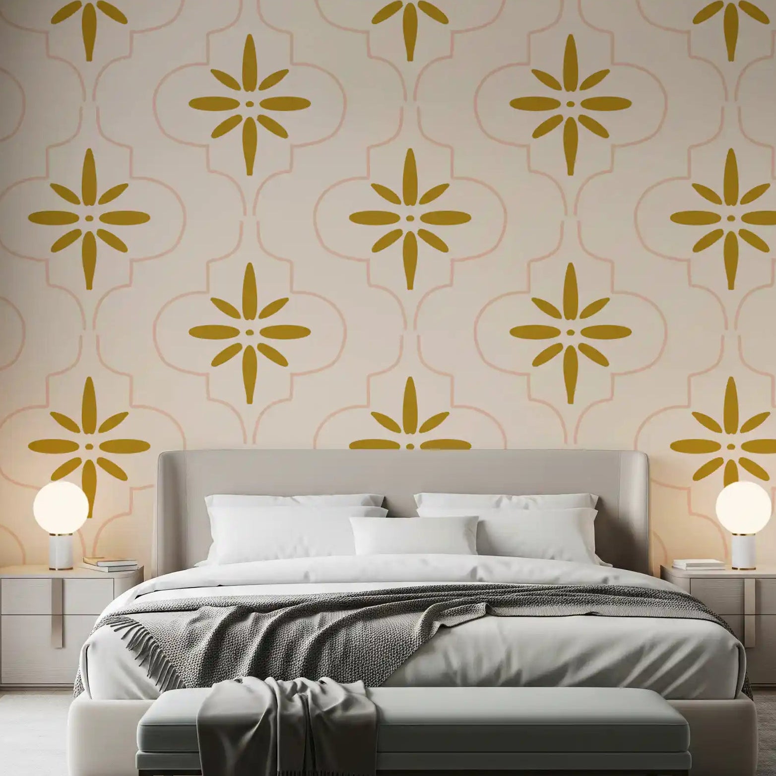 Bedroom wall styled with Gold Sand Tile wallpaper and soft geometry