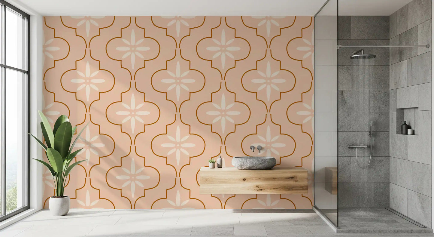 Soft tile forms appear across Peach Terracotta wallpaper with curved detail