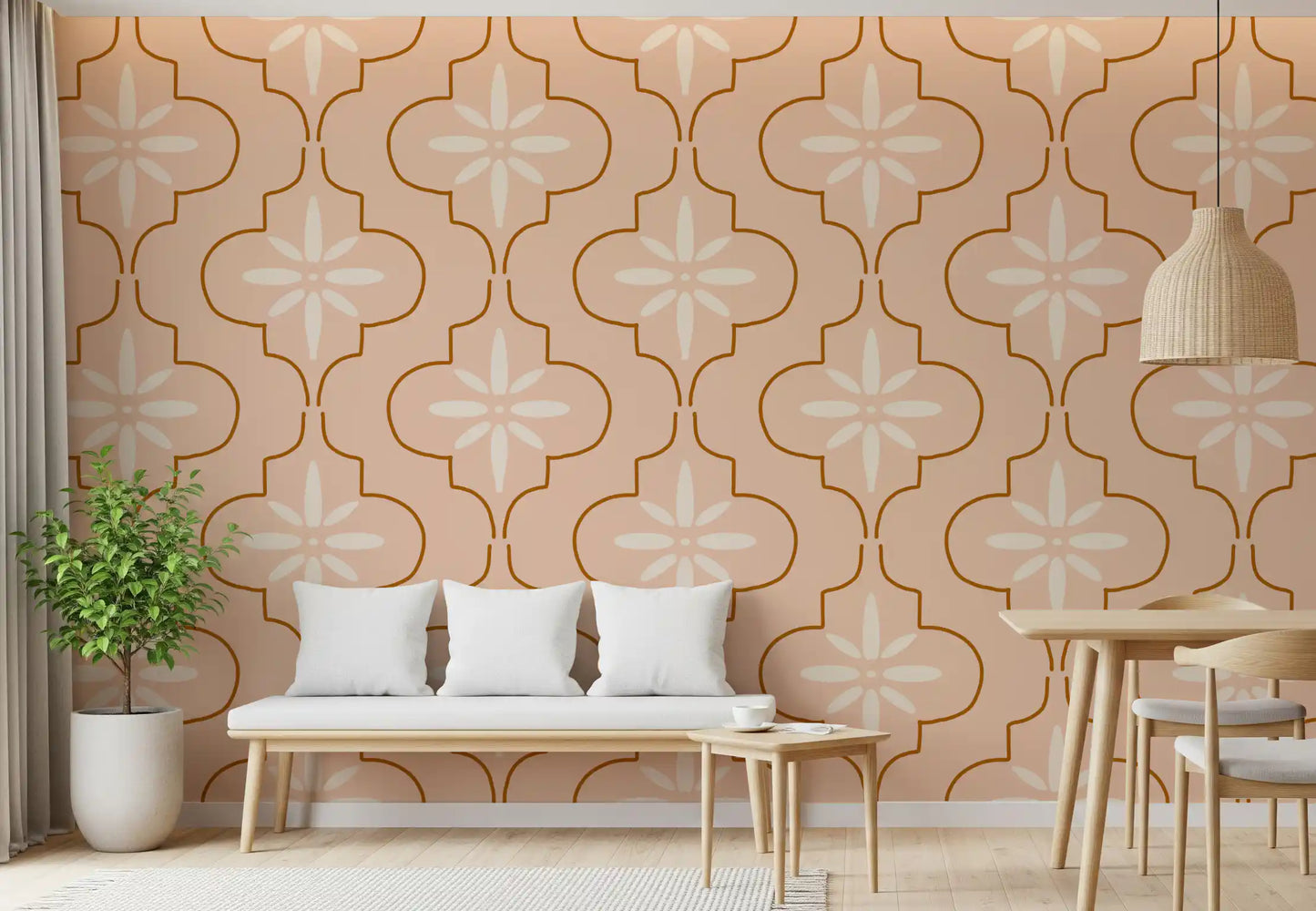 Hallway Mediterranean geometric wallpaper with peach color and tile detail