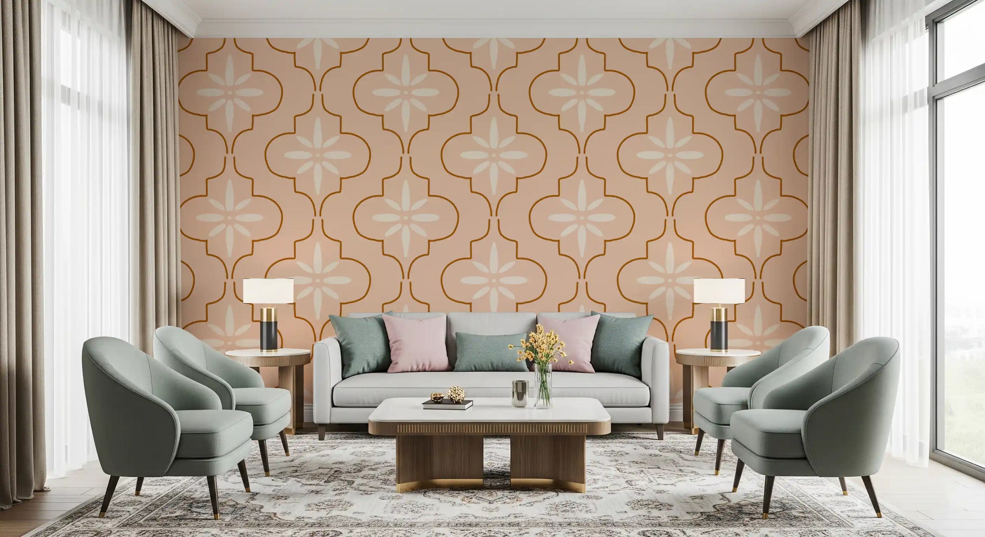 Living room peach tile wallpaper with soft terracotta curves and warm pattern