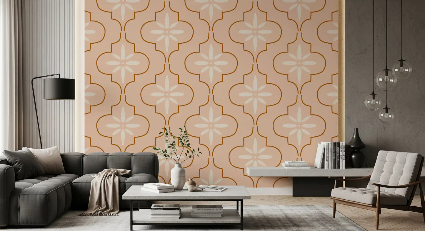 Rounded Geometric Wallpaper design with peach base and terracotta outlines
