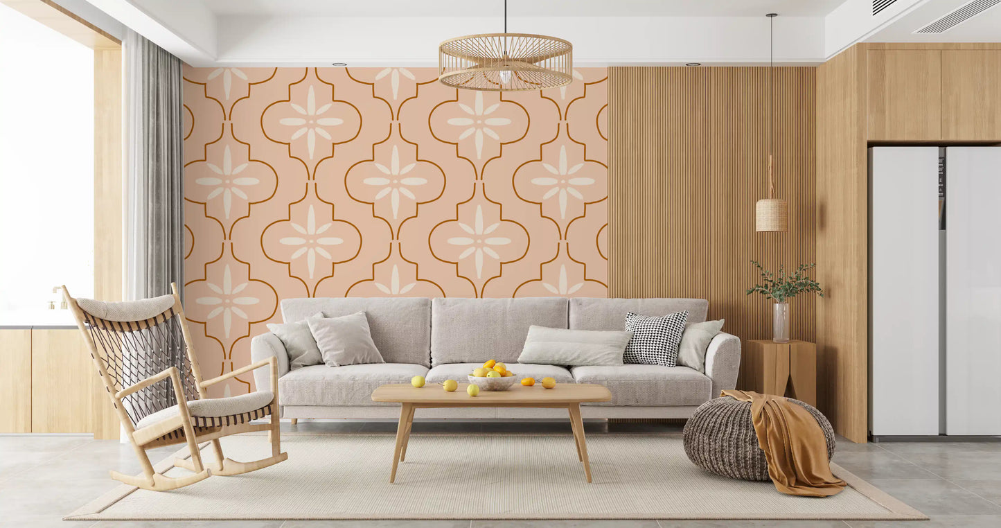 Hallway terracotta tile wallpaper showing rounded lines on a peach base