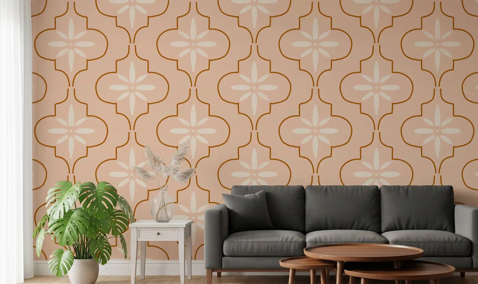 Curved linework gives this Peach Terracotta Tile Wallpaper a soft look