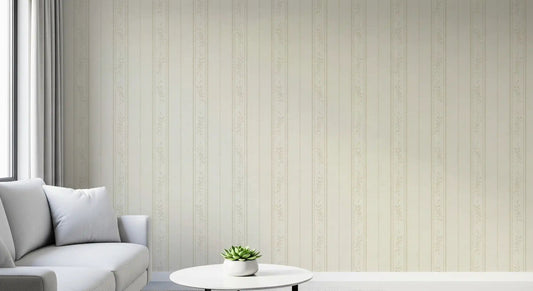 Hallway Vintage Ticking Wallpaper with cream ivory floral stripe detail