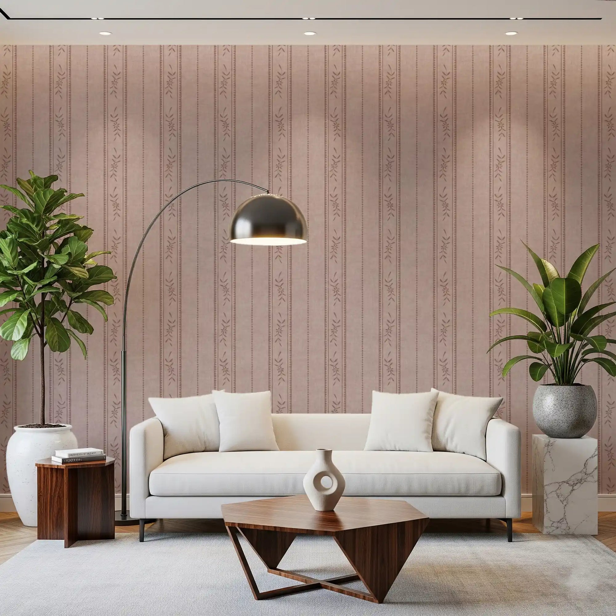 Office home with Dusty Rose Ticking Wallpaper and small botanical stripe detail
