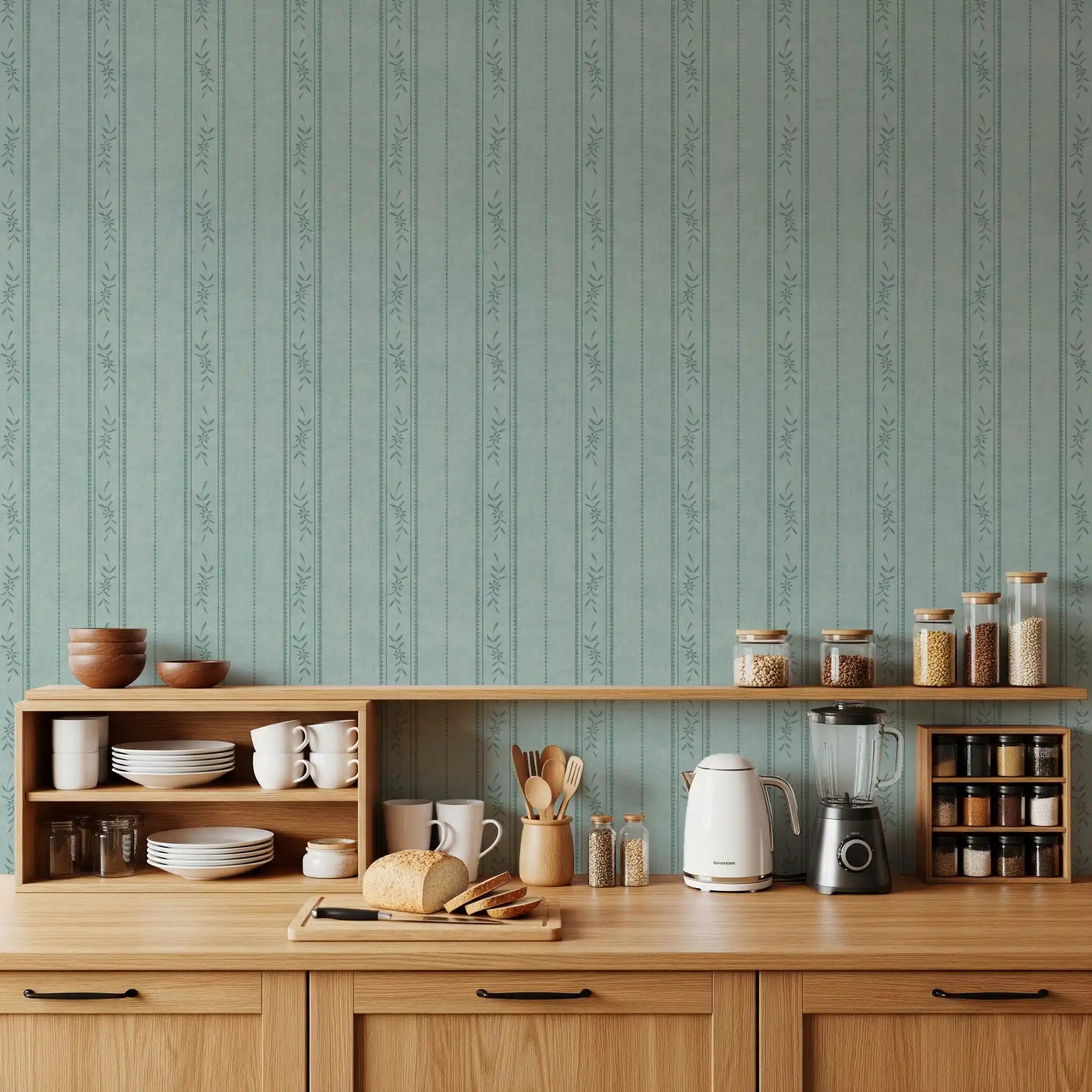 Kitchen area with Muted Blue Floral Stripe Wallpaper and linen ticking detail
