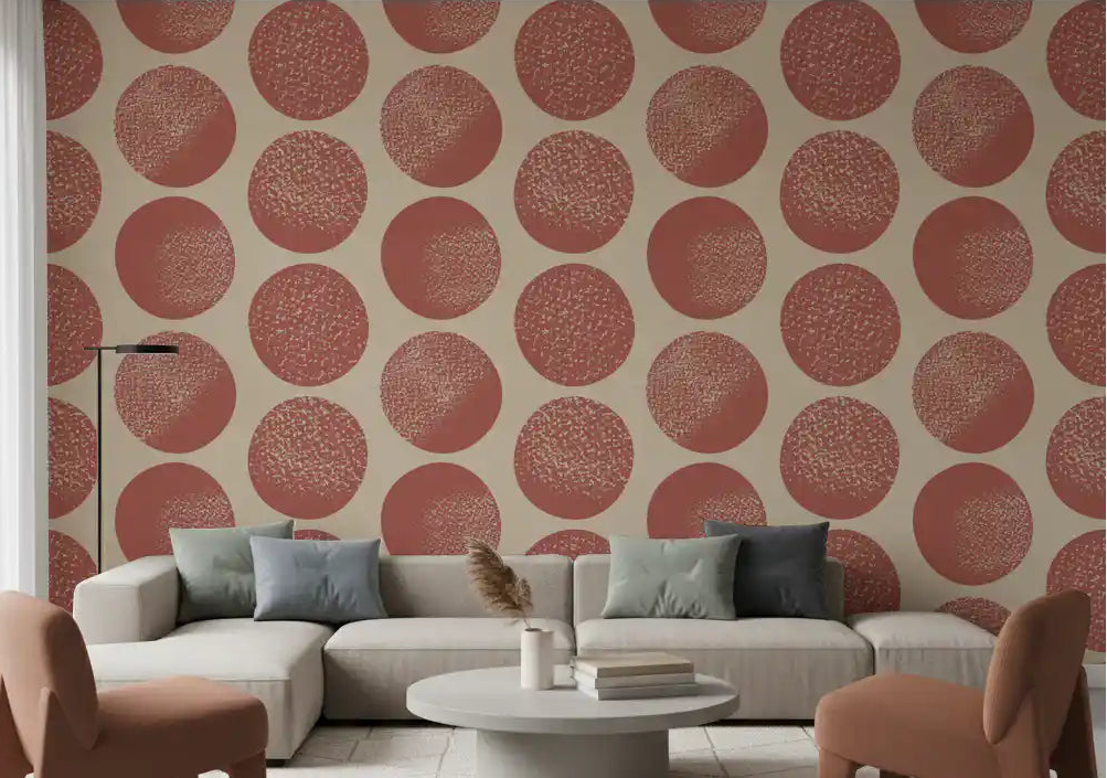 Living room Organic Polka Dots Wallpaper with beige rust stippled pattern