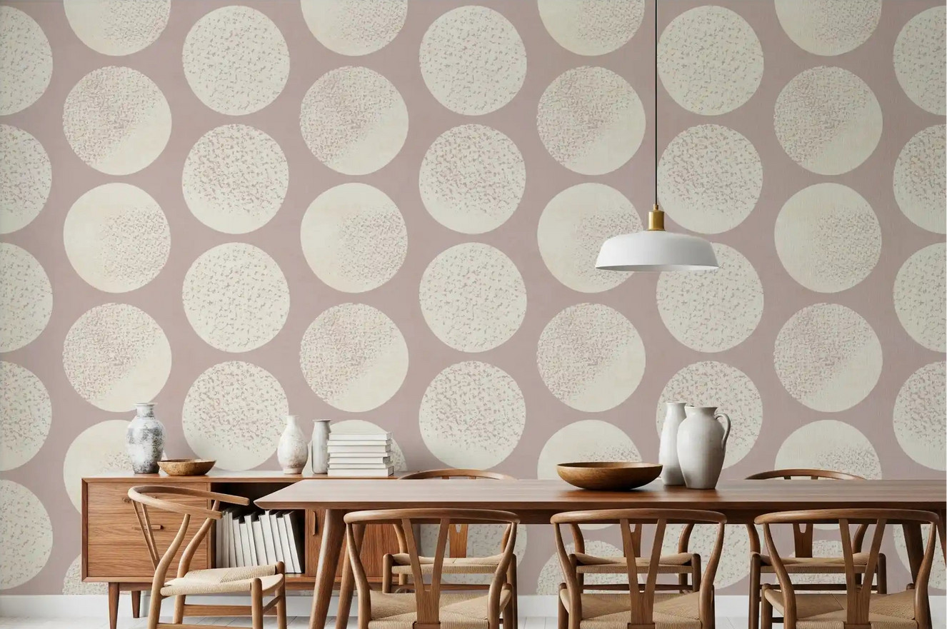 Dining area styled in rose circle wallpaper with open dot spacing