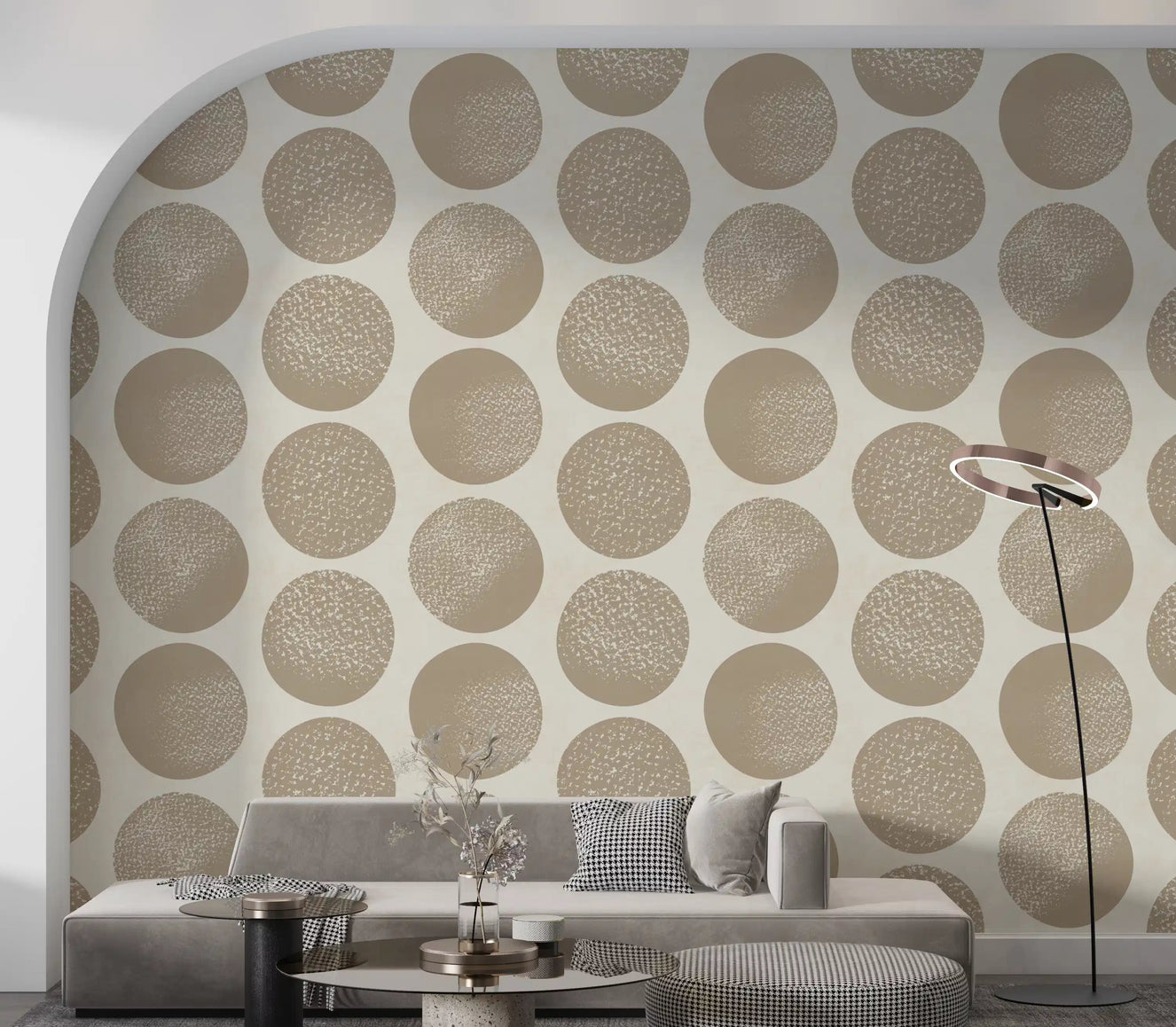 Living room with warm beige polka dot wallpaper on a cream background