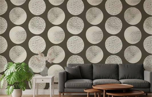Living room with cream polka dot wallpaper on a dark brown background