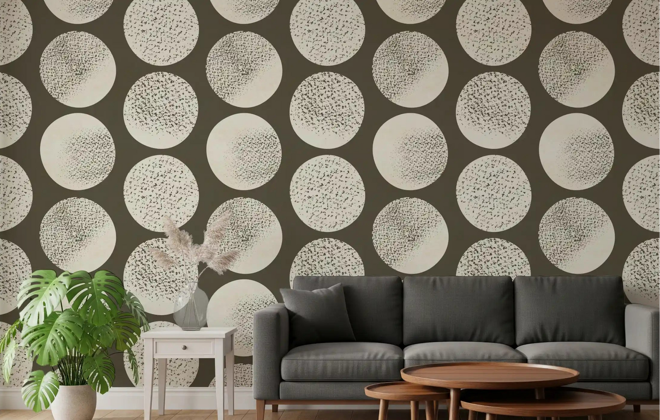 Living room with cream polka dot wallpaper on a dark brown background