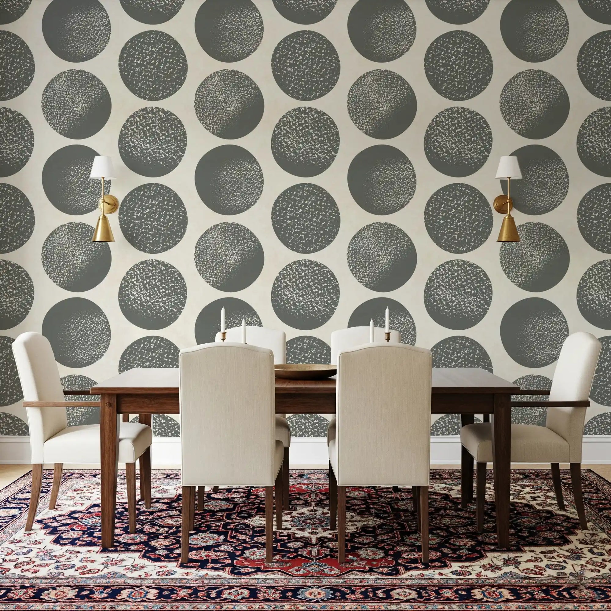 Dining room styled in modern dot wallpaper with large stippled grey circles