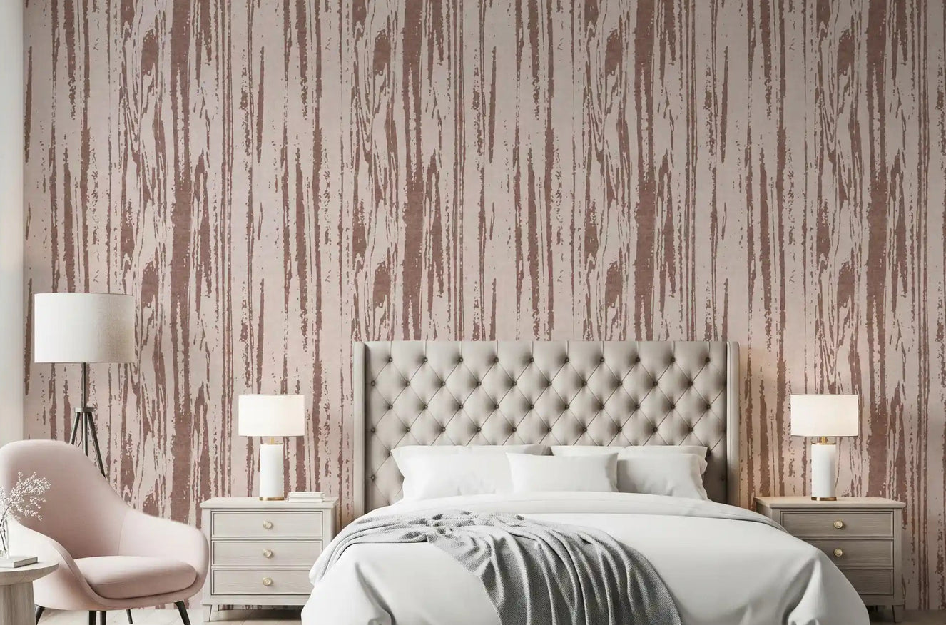 Bedroom with Dusty Rose Textured Wallpaper and faded vertical streaks