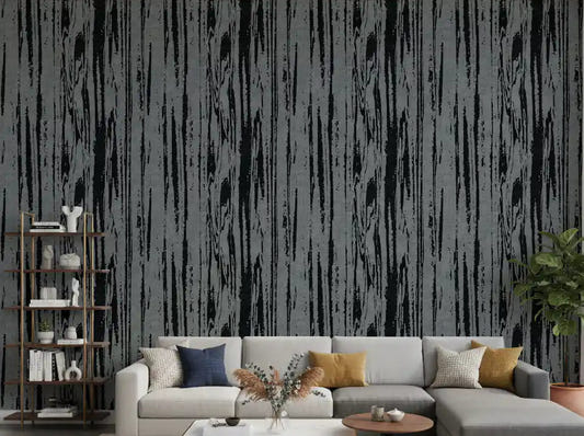 Living room with charcoal grey woodgrain wallpaper and abstract vertical grain lines