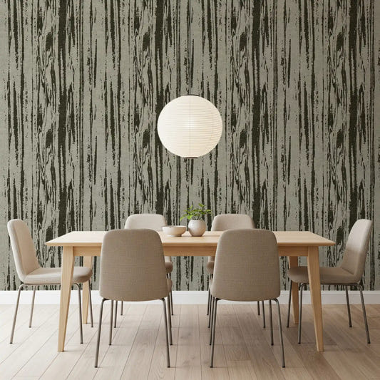 Dining room with green woodgrain wallpaper and layered abstract linework