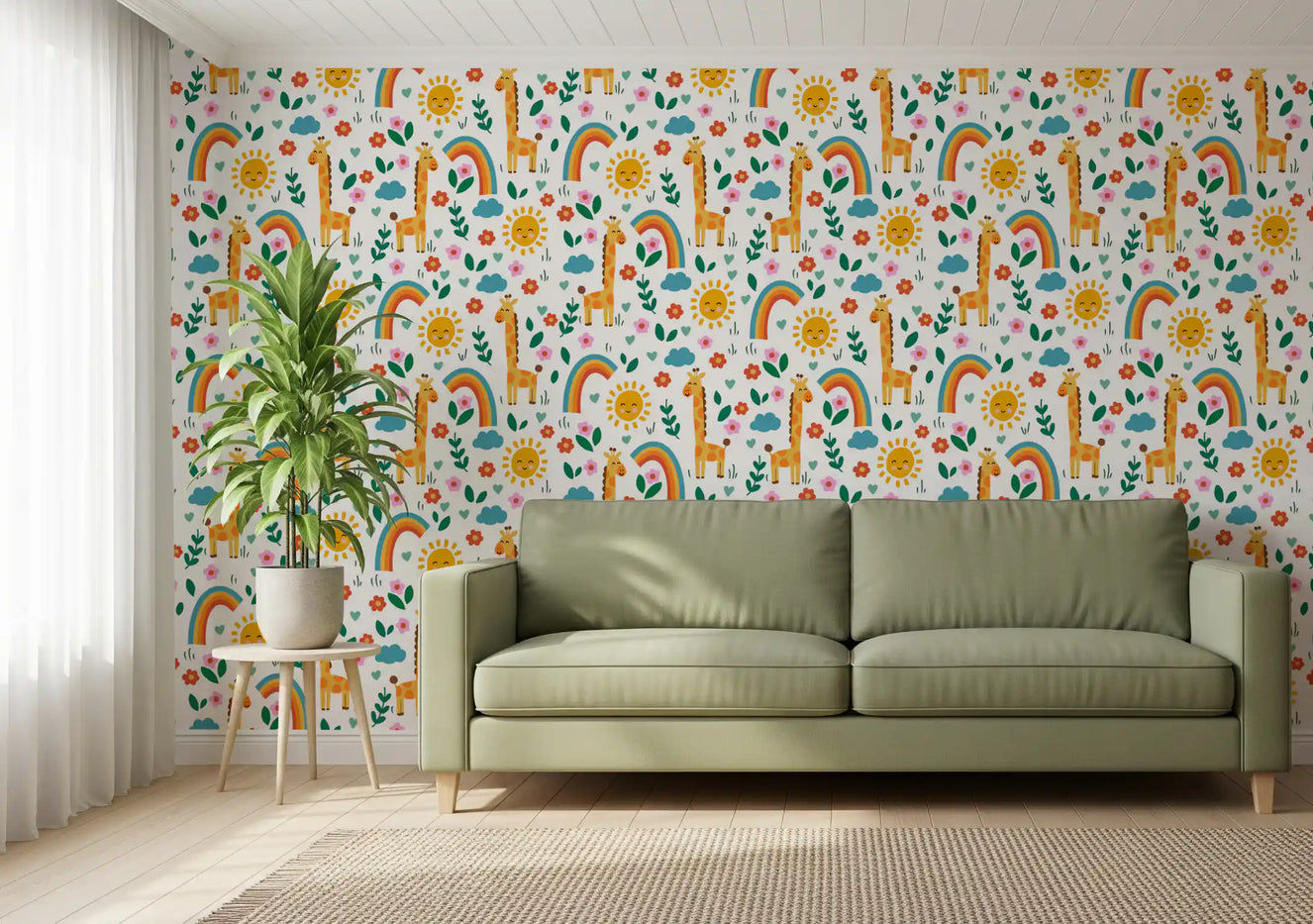 Hallway wallpaper with smiling giraffes, rainbows and sunny suns