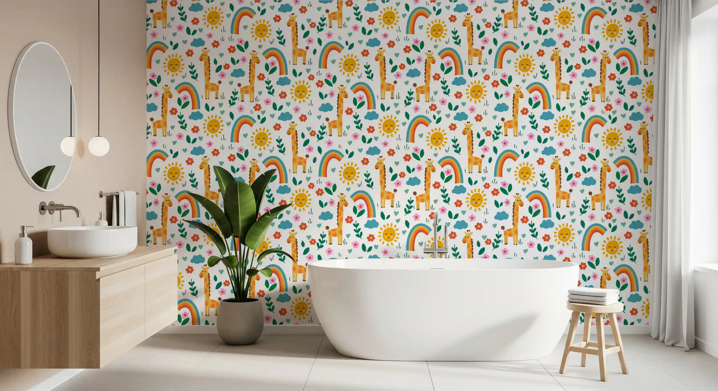 Bathroom wallpaper showing playful jungle giraffe pattern