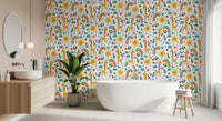 Bathroom wallpaper showing playful jungle giraffe pattern